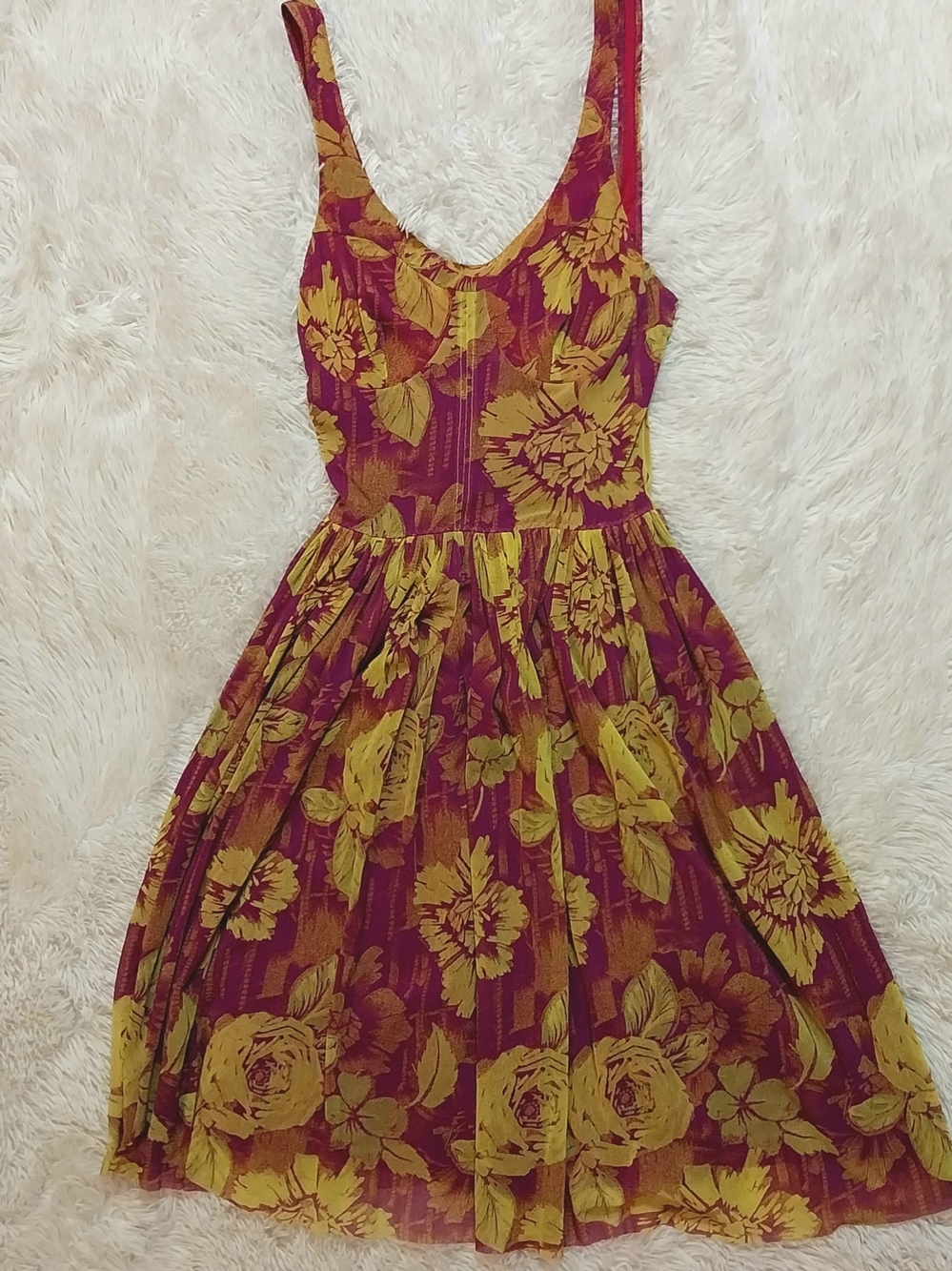 Jean Paul Gaultier Yellow and Purple Floral Pleated Mini Dress Size Medium
